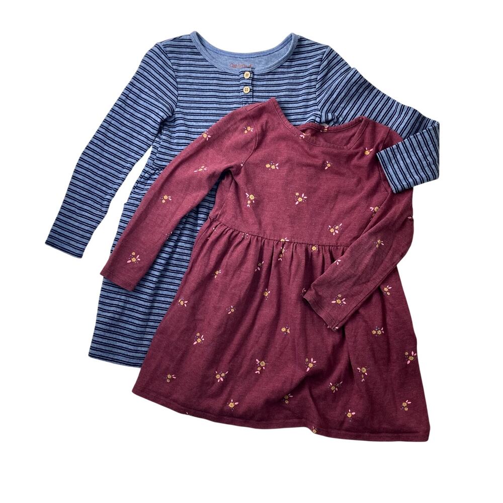 Cat & Jack Long Sleeve Dress Bundle Blue Stripes Maroon Floral 5T